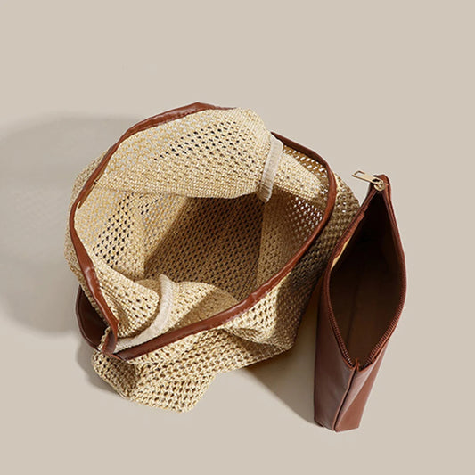 Straw Tote Bag for Women Large Capacity Woven Shoulder Bag with PU Purse Beach Summer Bag Clutch Purse for Vacation Travel-belleandkai.com