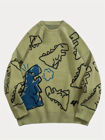 Women's Oversized Dinosaur Pattern Sweater - Cozy Long Sleeve Pullover for Casual Wear-belleandkai.com
