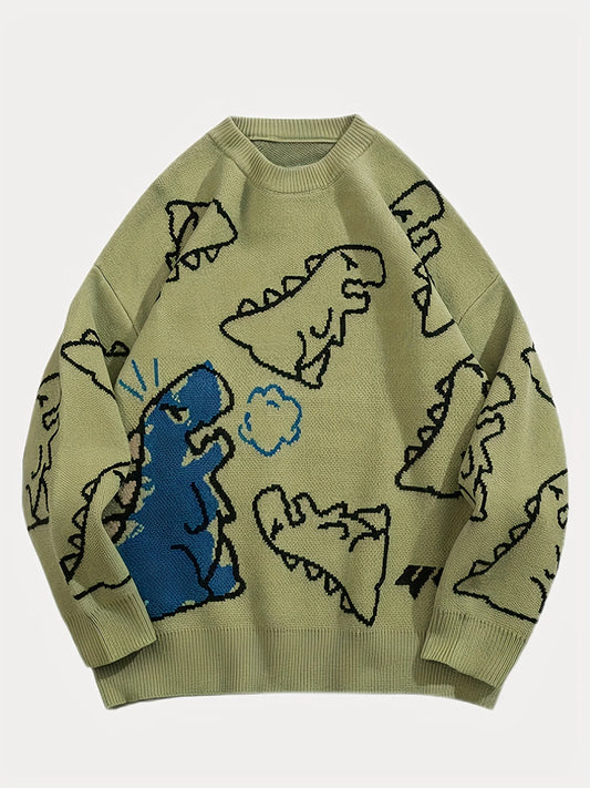 Women's Oversized Dinosaur Pattern Sweater - Cozy Long Sleeve Pullover for Casual Wear-belleandkai.com