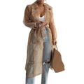 Elegant Shirts Trench Coat for Women Fashion See Through  Lace Up Spring Solid Sheer Mesh Long Sleeve Buttoned Coat with Belt-belleandkai.com