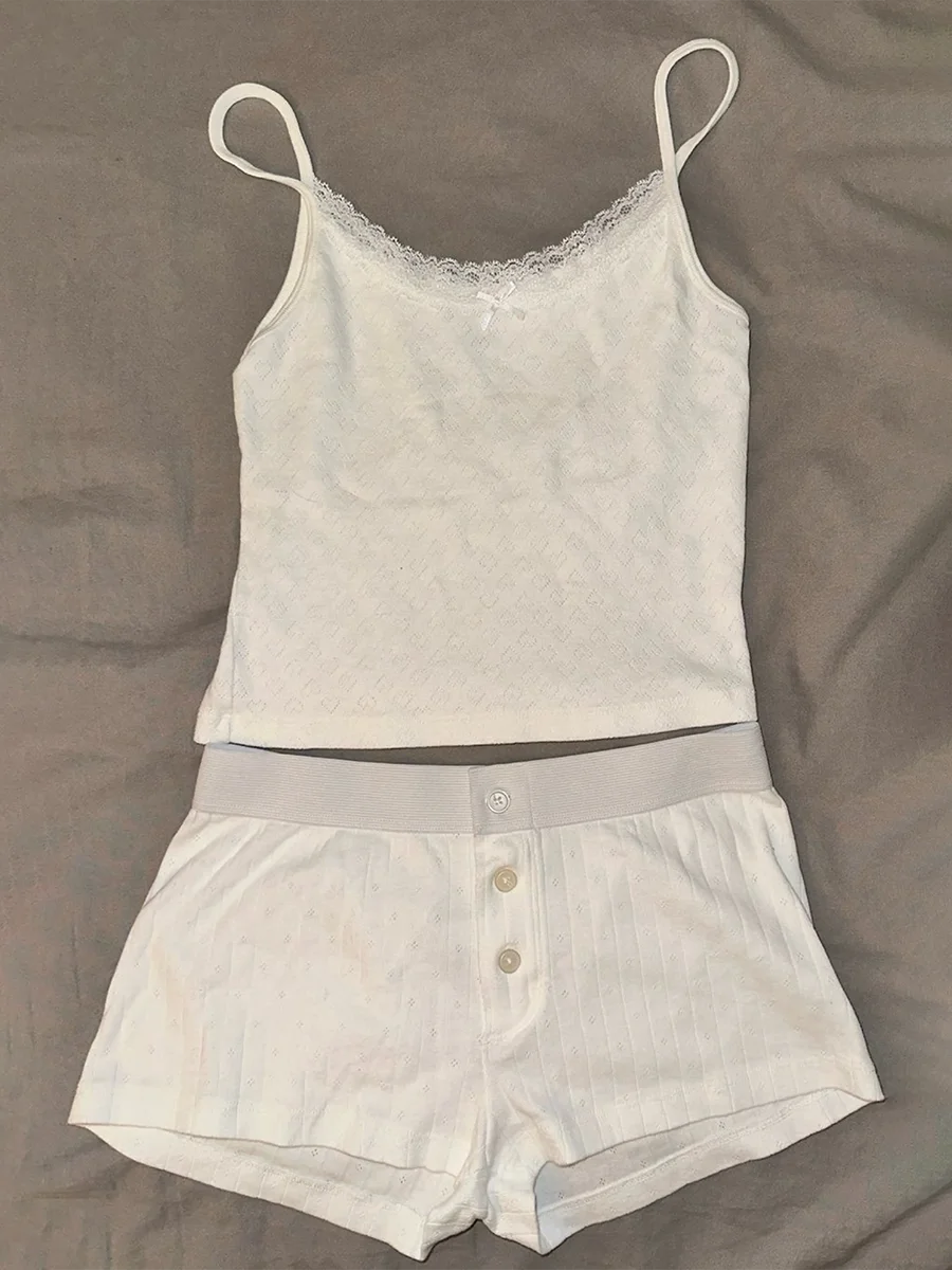 Strawberry Vest Shorts 2 Pieces Set Woman Eyelet Bow Slim Tank Top with Elastic Waist Patchwork Straight Short Pant Sweet Sets-belleandkai.com