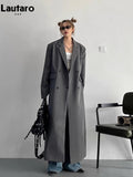 Lautaro Spring Autumn Long Grey Black Trench Coat for Women Double Breasted Loose Casual Korean Fashion Clothing Blazer 2023-belleandkai.com