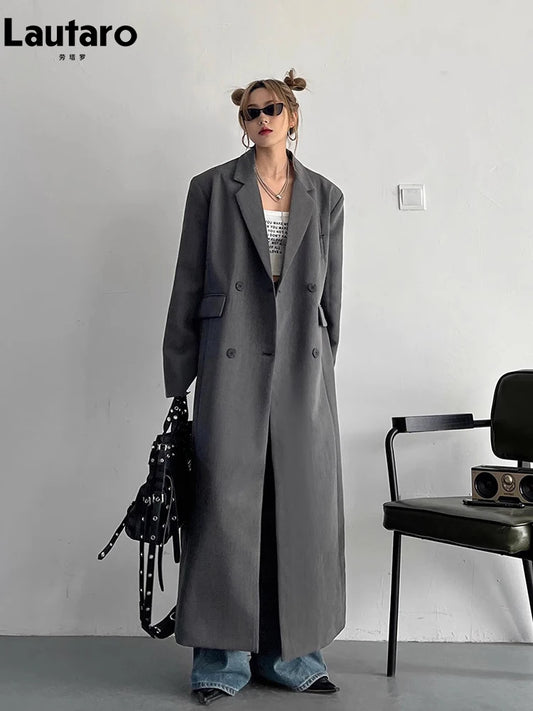 Lautaro Spring Autumn Long Grey Black Trench Coat for Women Double Breasted Loose Casual Korean Fashion Clothing Blazer 2023-belleandkai.com