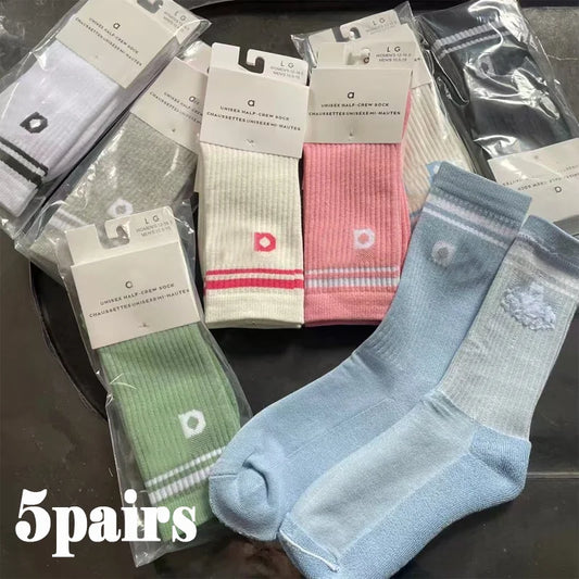 5 Pairs A* Premium Cotton Breathable Comfy Mid-Tube Unisex Socks for Sports Yoga Fitness All Season Pure White Couple Matching-belleandkai.com
