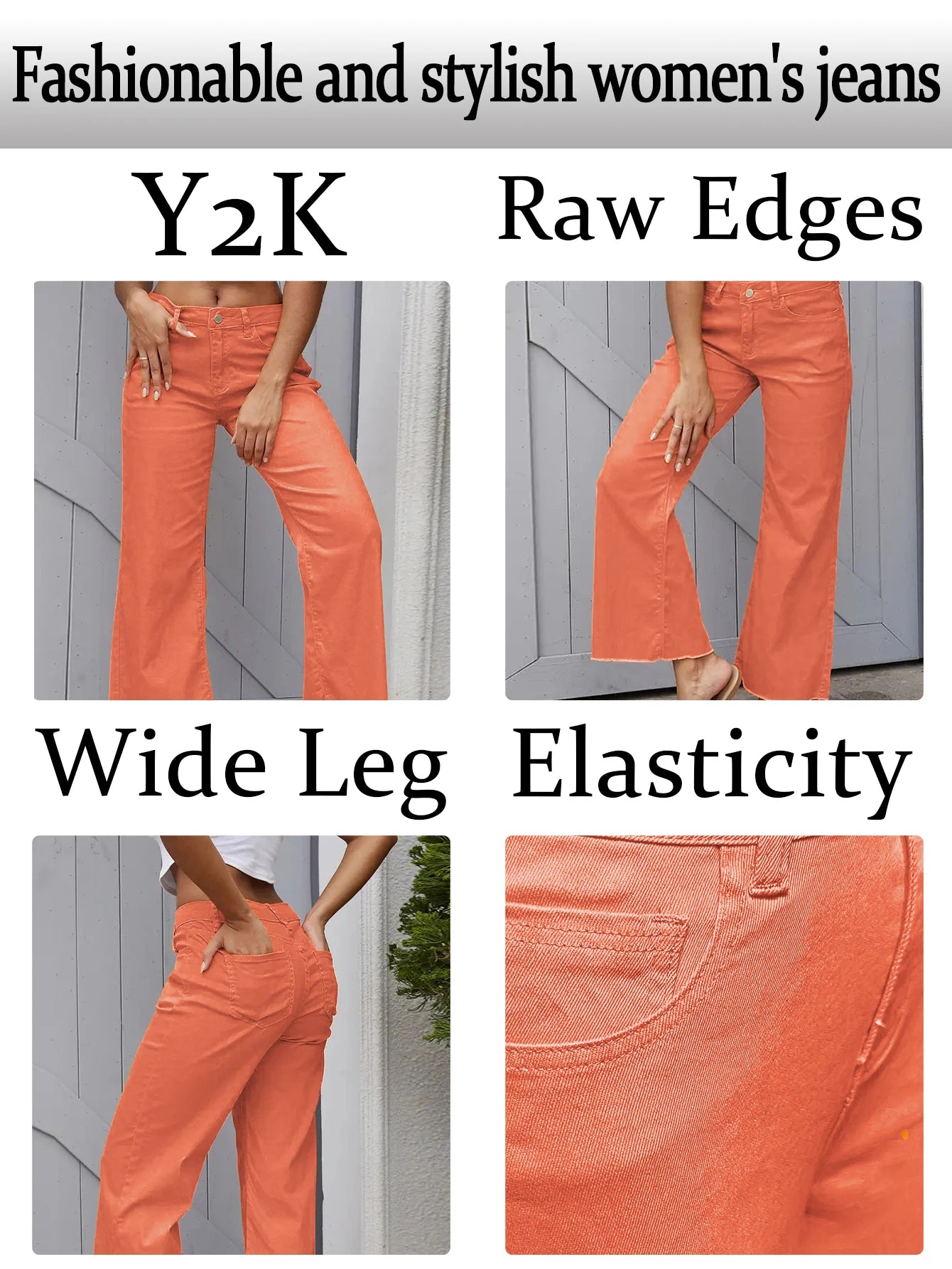 Y2K style fashion women's jeans stretch denim straight wide leg jeans hem raw edge design street style women's jeans-belleandkai.com