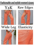 Y2K style fashion women's jeans stretch denim straight wide leg jeans hem raw edge design street style women's jeans-belleandkai.com