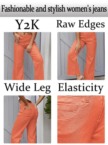 Y2K style fashion women's jeans stretch denim straight wide leg jeans hem raw edge design street style women's jeans-belleandkai.com