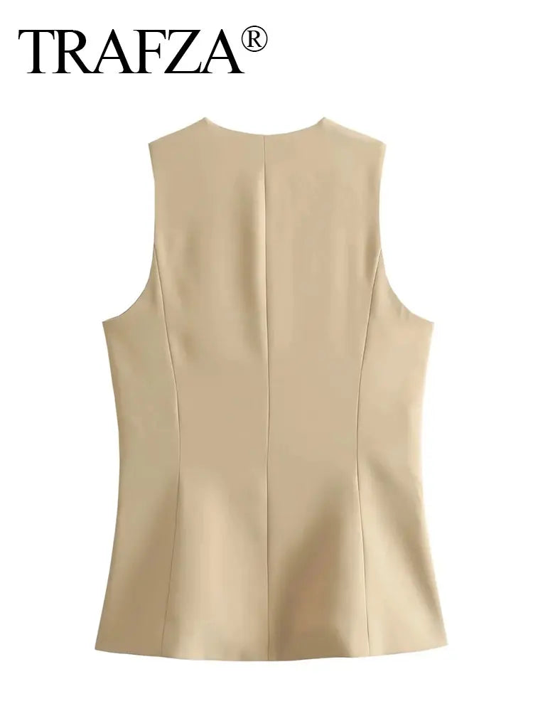 TRAFZA Summer Vests For Women V-Neck Chic Single Breasted Long Vest Top Female Casual Sleeveless Waistcoat Fashion Streetwear-belleandkai.com