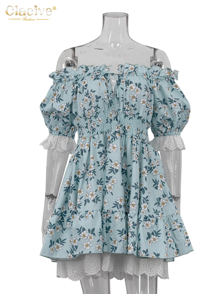 Clacive Summer Slim Print Women's Dress Fashion Slash Neck Short Sleeve Mini Dresses Elegant High Waist Patchwork Female Dress-belleandkai.com