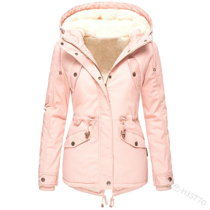 Women's Winter Jacket Warm Solid Plush Thickened Long Winter Coat Outdoor Hiking Hooded Casual Windproof Parka Coat Overcoat-belleandkai.com