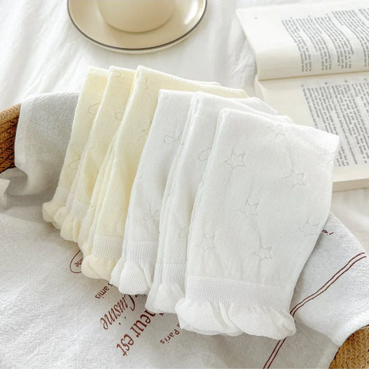 Women White Cream Lace Stackable Mid Calf Socks Bow Heart Star Design K-Style Spring Summer Thin Socks-belleandkai.com