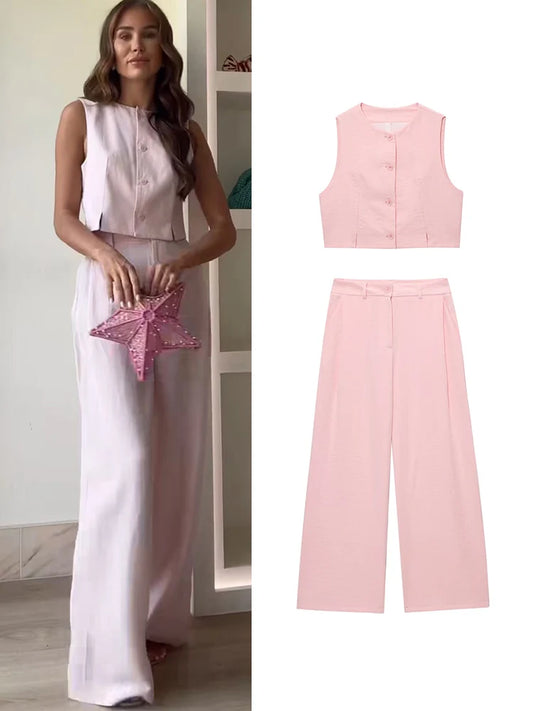 TFMLN Women Fashion Pant Two Pieces Sets Pink Slit Hem Short Tank Vest Straight Wide Leg Trousers Chic Office Lady Basic Outfits-belleandkai.com