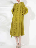 LANMREM Pleated Dress For Women V Neck Long Sleeves Solid Color Loose Big Size Female Elegant Clothing 2025 Spring New 2DB1281-belleandkai.com