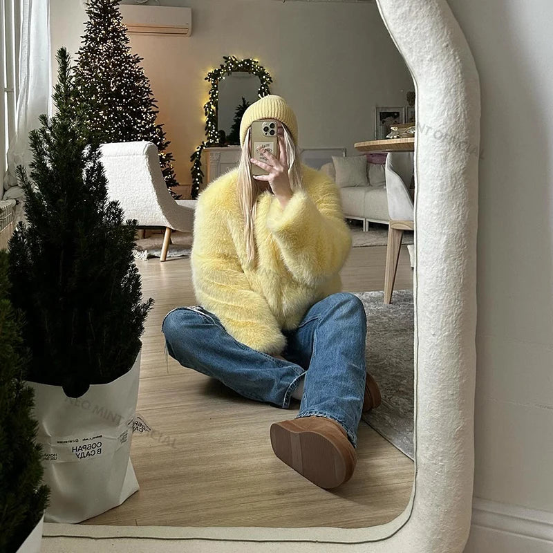 Neo Mint Cool Street Girls Winter Fashion Fluffy Fox Fur Jacket Women Casual Round Neck Faux Fur Coat Chic Thick Warm Outerwear-belleandkai.com