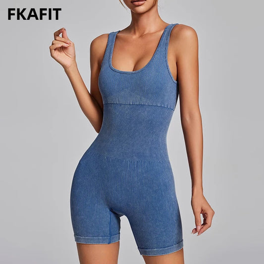 Women's Yoga Jumpsuits Ribbed One Piece Padded Tank Tops Rompers Sleeveless Acid Wash Activewear Unitard Sexy Bodycon-belleandkai.com