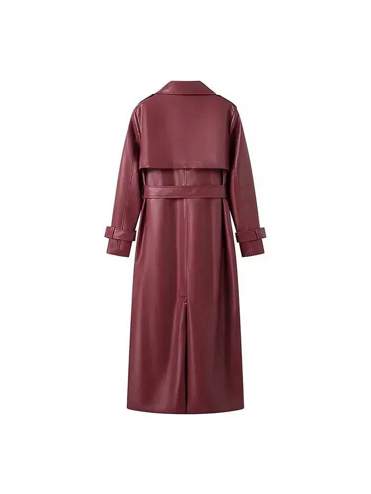 2025 Women New Fashion With Belt Long style Single Breasted Faux Leather Coat Vintage Long Sleeve Pockets Female Outerwear-belleandkai.com