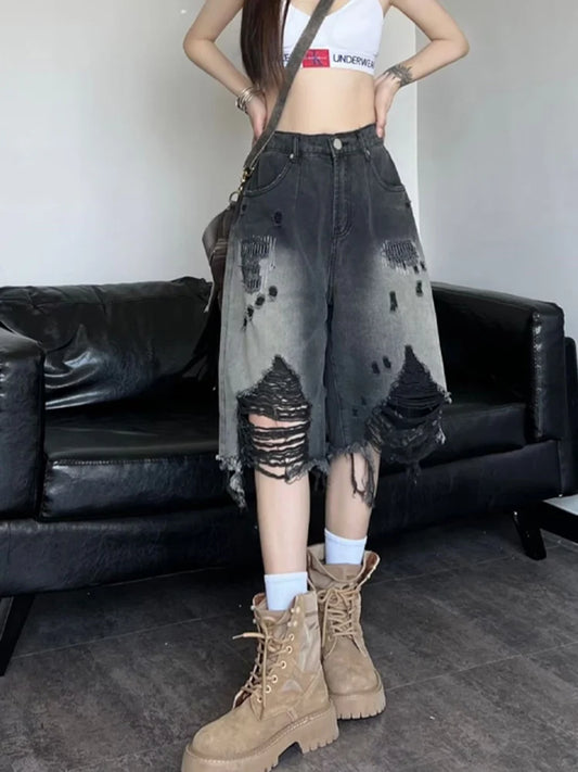 Zoki Harajuku Hole Y2K Denim Shorts Women Streetwear Vintage Gradient Jeans Shorts American Retro Bf Hip Hop Design Shorts New-belleandkai.com