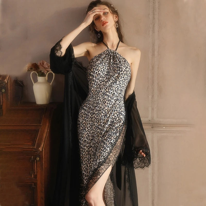 Fashion Leopard Print Neck Hanging Nightgown for Women Sexy Lace Backless Slit Sleepwear Luxury  Nightgown Set   Sexy Nightdress-belleandkai.com