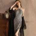 Fashion Leopard Print Neck Hanging Nightgown for Women Sexy Lace Backless Slit Sleepwear Luxury  Nightgown Set   Sexy Nightdress-belleandkai.com