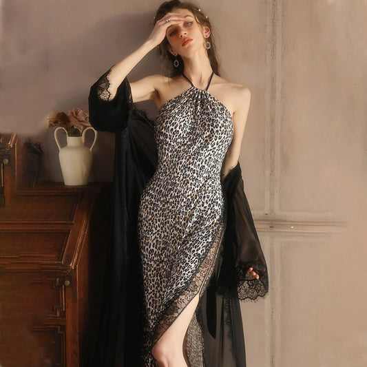 Fashion Leopard Print Neck Hanging Nightgown for Women Sexy Lace Backless Slit Sleepwear Luxury  Nightgown Set   Sexy Nightdress-belleandkai.com