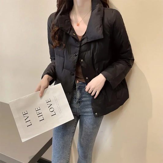 Autumn Winter Down Jacket For Women 2024 Solid Stand Collar Plaid Ultralight White Duck Down Coat Keep Warm Puffer Jacket Female-belleandkai.com