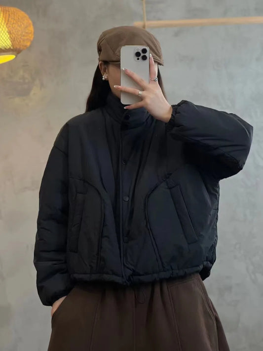 Solid Color Single Breasted Down Coat Winter New Loose Coat Women's Style Casual Warmth Thickened Down Jacket-belleandkai.com