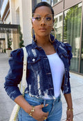 Fashion Bubble Long Sleeve Lapel Button Splicing Denim Jacket Female Broken Holes Tassel Outerwear Trend Streetwear Women's Coat-belleandkai.com