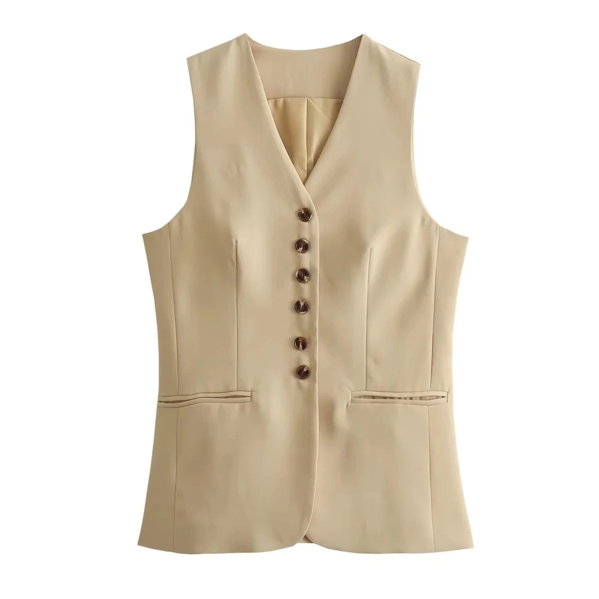 TRAFZA Summer Vests For Women V-Neck Chic Single Breasted Long Vest Top Female Casual Sleeveless Waistcoat Fashion Streetwear-belleandkai.com