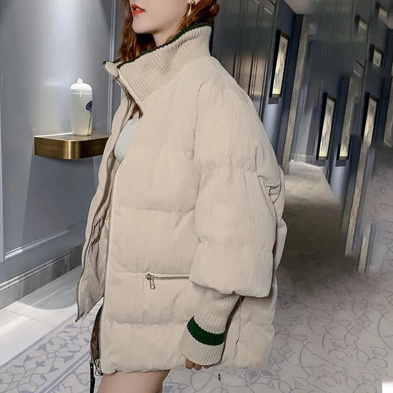 Gidyq Women Corduroy Padded Down Jacket Korean Fashion Letter Embroidery Padded Warm Coats Winter Casual Female Loose Outerwear-belleandkai.com