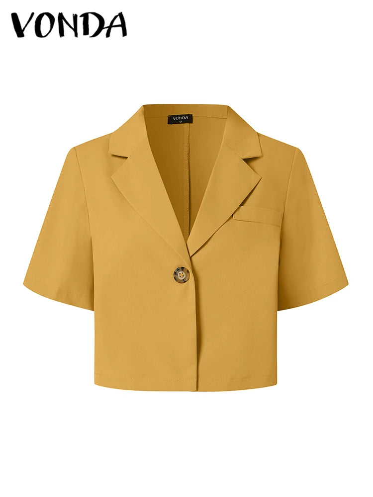 VONDA Elegant Summer Blazer Women Short Sleeve Suit Collar Coat 2024 Fashion Outwear Solid Color Casual Slim Button Tunic Tops-belleandkai.com