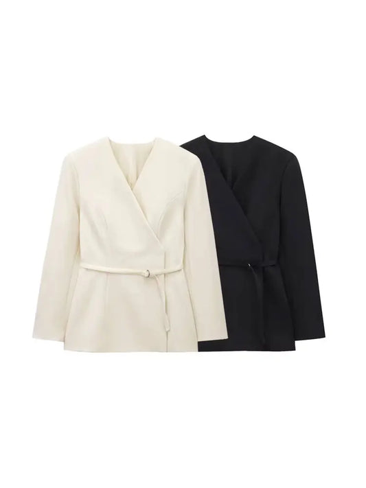 TRZA Women's Chic V-Neck Blazer Coat with Belt Long Sleeve Snap-Button Fashion Outerwear Top-belleandkai.com
