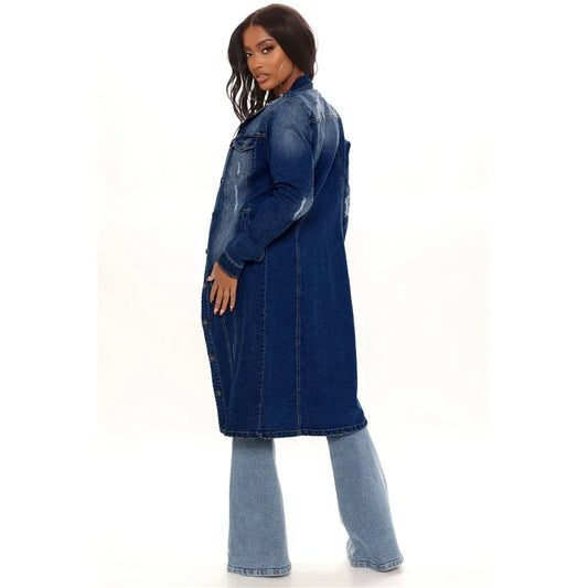 New Arrival Fashion Hole Cotton Autnmn Winter Long Denim Jacket 2023 Trench Coat Cardigan Jeans Cape Women Long Sleeve Jean Coat-belleandkai.com