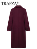TRAFZA 2025 Fashion Women Burgundy Woolen Coat Double Breasted Long Sleeve Lapel Blends Jacket Female Autumn Winter Windbreaker-belleandkai.com