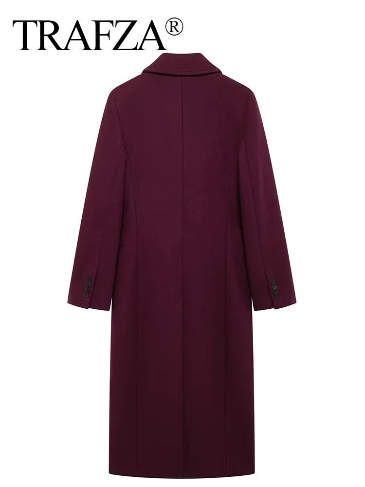 TRAFZA 2025 Fashion Women Burgundy Woolen Coat Double Breasted Long Sleeve Lapel Blends Jacket Female Autumn Winter Windbreaker-belleandkai.com