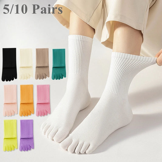 5 or 10 Pairs Women Sports Toe Socks with Separate Fingers High Tube Five Finger Cotton Crew Socks Yoga High Quality-belleandkai.com