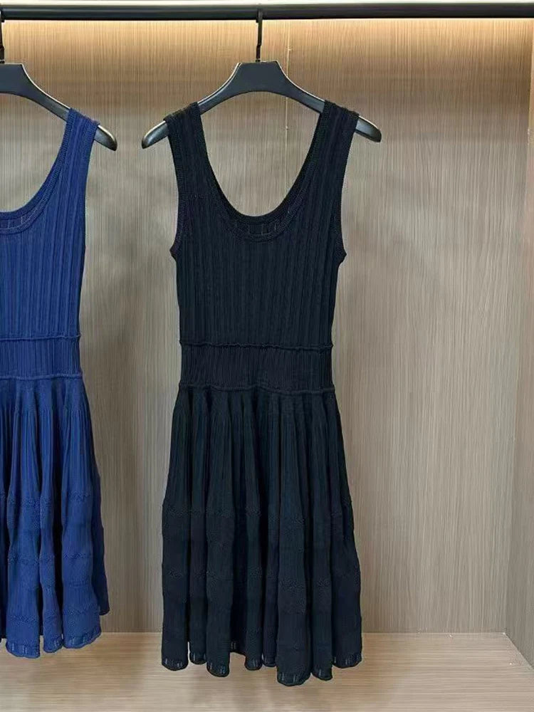 U collar Slim knit short dress temperament elegant hollow A-line women's dresses 2025 Spring New-belleandkai.com