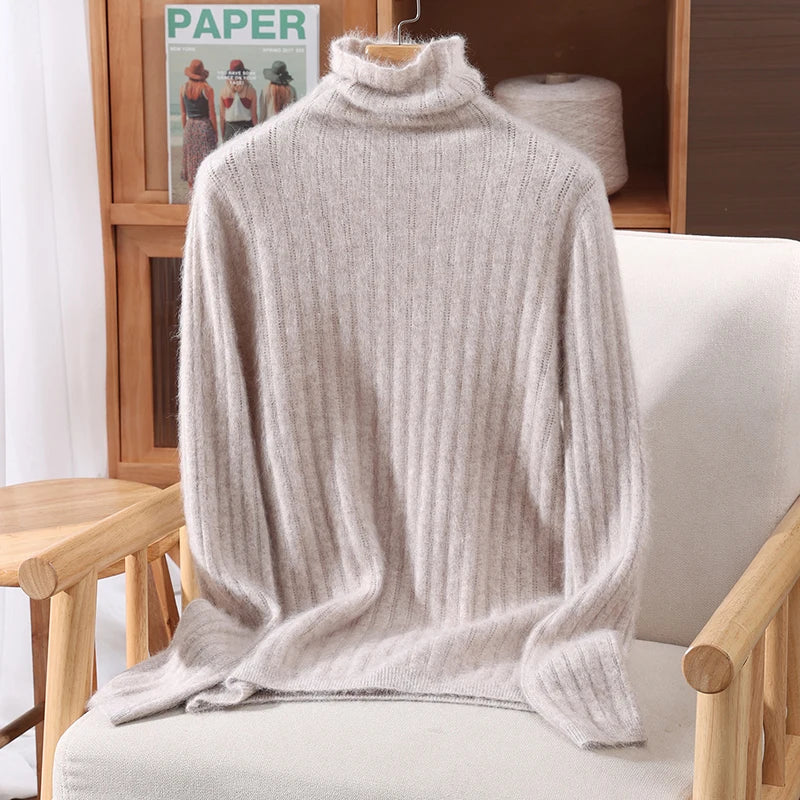 Autumn Winter Solid Color Mink Fur Women's Pile Neck Hollowed Out Slim Fit Knitted Sweater, High Neck Base Pullover, Stylish New-belleandkai.com