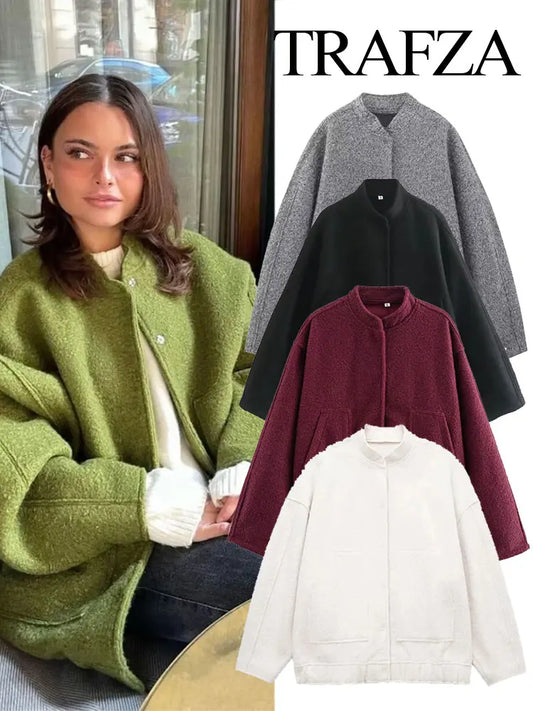 TRAFZA 2025 Women's Winter Street Jacket Solid Color Pocket Single-Breasted Jacket Women's Versatile Casual Jacket Cardigan Top-belleandkai.com