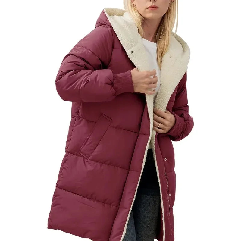 Womens Winter Warm Coats Sherpa Fleece Lined Long Hooded Puffer Jacket-belleandkai.com