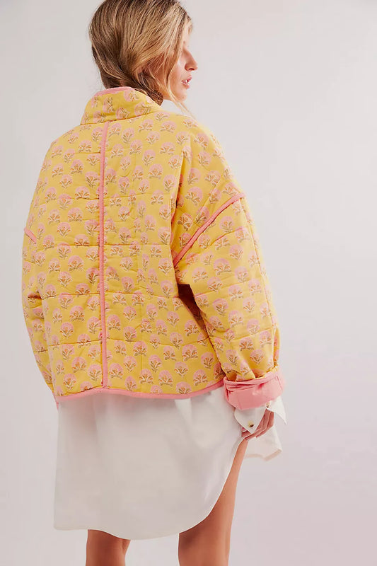 Print Quilted Cotton Jacket Women Fashion Long Sleeved High Neck Coats Female Single Breasted Loose Coat Autumn New Outerwear-belleandkai.com