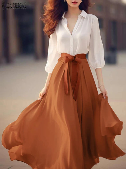 ZANZEA Holiday Office Chiffon Dress Women Colorblock Maxi Dresses Vintage V-neck Vestidos 2025 Summer Belted Waisted Swing Robe-belleandkai.com