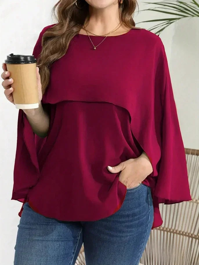 Plus Size 1XL-5XL Women’s Solid Batwing Sleeve Round Neck Shirt Top Women Fashion and Comfort Cloak Top Clothing-belleandkai.com