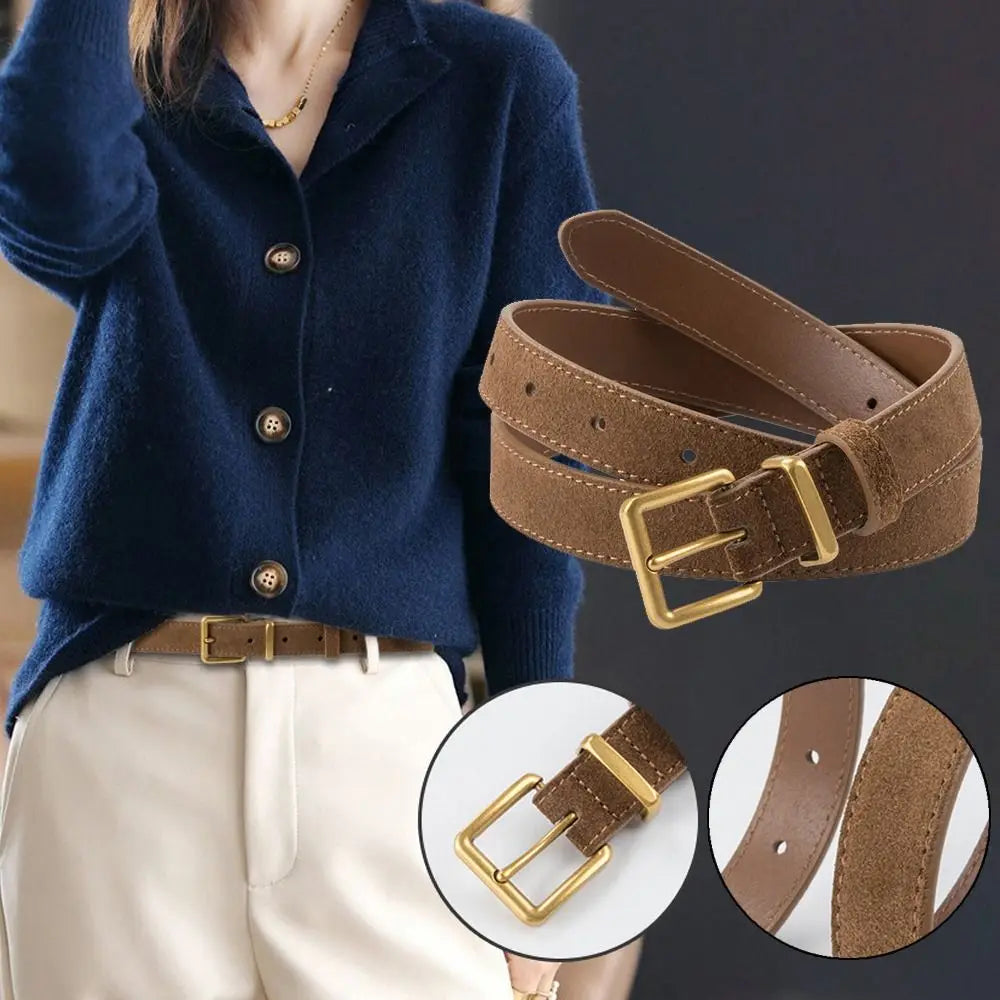 Women Luxury Design Suede Leather Belt Casual Trendy Frosted Cowhide Belt Versatile Pin Buckle Waistband Gifts-belleandkai.com