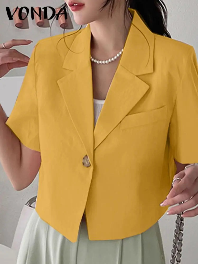 VONDA Elegant Summer Blazer Women Short Sleeve Suit Collar Coat 2024 Fashion Outwear Solid Color Casual Slim Button Tunic Tops-belleandkai.com