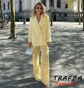 TRAFZA Elegant Yellow Blazer Women's Double-breasted Lapel Blazer Fashion High Street 2025 Spring Summer Holidays Commute Suit-belleandkai.com