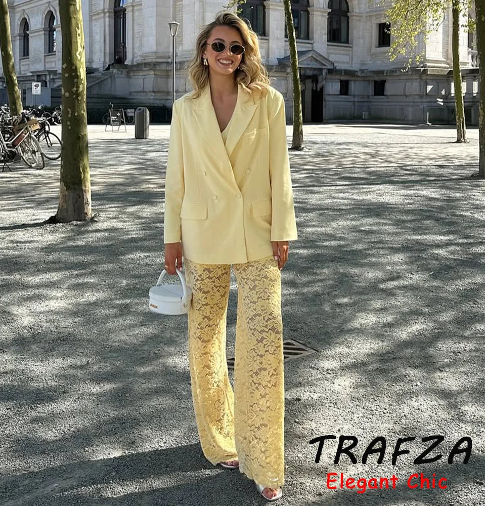 TRAFZA Elegant Yellow Blazer Women's Double-breasted Lapel Blazer Fashion High Street 2025 Spring Summer Holidays Commute Suit-belleandkai.com