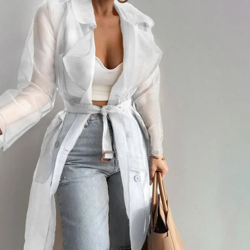 Elegant Shirts Trench Coat for Women Fashion See Through  Lace Up Spring Solid Sheer Mesh Long Sleeve Buttoned Coat with Belt-belleandkai.com