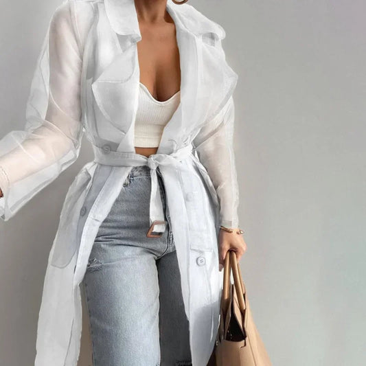 Elegant Shirts Trench Coat for Women Fashion See Through  Lace Up Spring Solid Sheer Mesh Long Sleeve Buttoned Coat with Belt-belleandkai.com