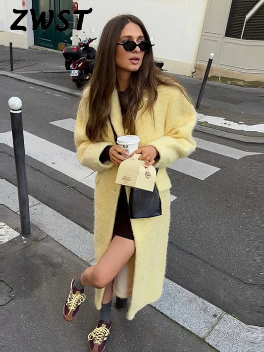 Elegant Lamb Wool Solid Women Maxi Coat Thicken Full Sleeve Lady Outwear 2024 Fashion Autumn Lapel Single Breasted Female Jacket-belleandkai.com