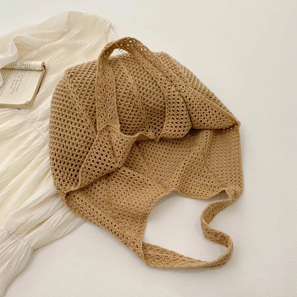 Women Crochet Tote Bag Mesh Beach Bag Large Capacity Fashion Knitted Bag Solid Color Simple Shopping Bag for Travel Vacation-belleandkai.com